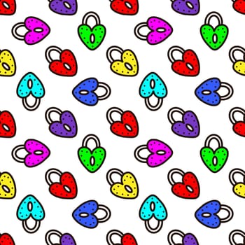 Seamless pattern with multicolored heart-shaped locks on a white background illustration. Pattern for Valentines Day