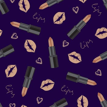 Glamorous fashion seamless pattern with lipstick and kisses in cool silver tones. Cosmetic seamless pattern in modern fashionable colors. Design for beauty, advertising, Valentines Day