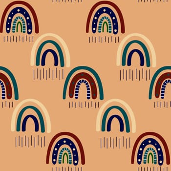 Boho rainbow seamless pattern. Rainbow Bohemian in trendy warm Golden, brown, yellow tones. Modern illustration for textile, paper, print design