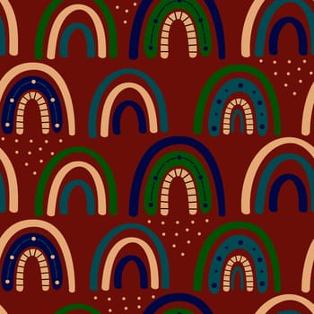 Boho rainbow seamless pattern. Rainbow Bohemian in trendy warm Golden, brown, yellow tones. Modern illustration for textile, paper, print design