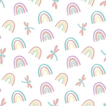.Abstract rainbow seamless pattern. Childrens pattern in muted pastel colors. Hand-drawn illustration. Design for textiles, packaging, wrappers