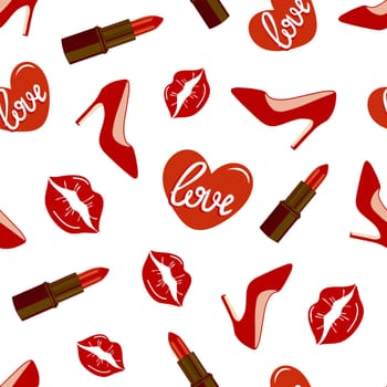 Seamless pattern with heels, lipsticks and kisses. High quality illustration