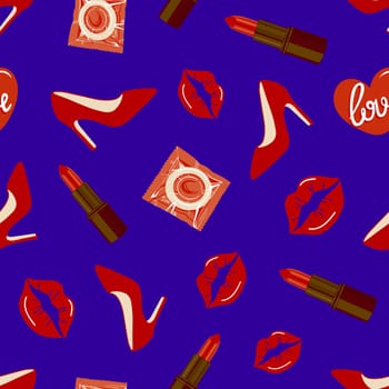 .Glamorous Sexy seamless pattern. Condoms, shoes, and kisses on a blue background illustration