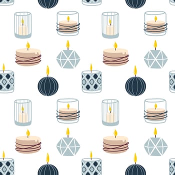 Scented burning candles seamless pattern.Design for printing, textiles, wrappers. Spa and aromatherapy illustration