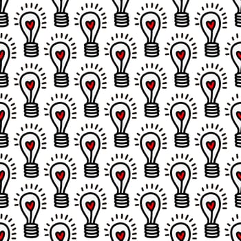 Seamless pattern with light bulbs with a heart on a white background illustration in doodle style. Design for Valentines Day, Wedding, Invitations