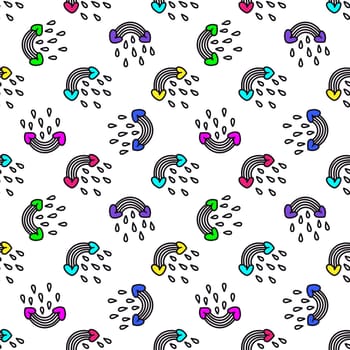 Romantic pattern with rainbows, hearts, raindrops illustration