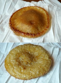 A crispy, golden-brown kue cucur, a traditional Indonesian snack made from rice flour and coconut milk, resting on a white paper napkin