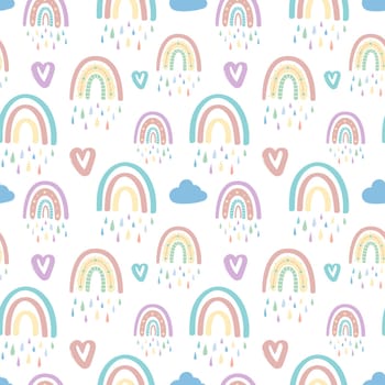 Cute rainbow and dragonfly seamless pattern. Scandinavian pattern in muted pastel colors. Hand-drawn illustration. Design for textiles, packaging, wrappers