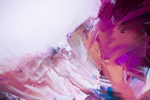 An abstract artwork displays a burst of colors with swirling brush strokes, prominently featuring purple and pink hues that create depth and movement on the canvas.