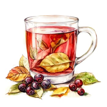 Enjoy a warm cup of tea infused with the essence of autumn, complete with vibrant leaves and a rustic wooden base. The steam rises, inviting you to savor the moment.