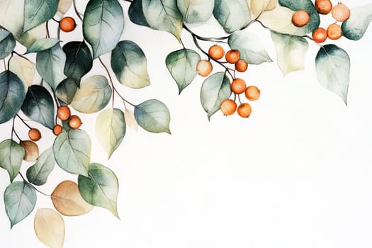 A beautiful watercolor artwork featuring eucalyptus leaves in varied hues of green, yellow, and red, complemented by vibrant red berries, elegantly arranged against a white background.