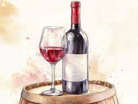 A beautifully arranged bottle of red wine sits on a rustic wooden barrel alongside a filled wine glass, accented by fresh grape leaves, creating a cozy atmosphere perfect for a gathering.