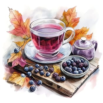 A steaming cup of herbal tea filled with vibrant berries sits on a rustic wooden table. A glass pitcher nearby holds more tea, complemented by colorful autumn leaves, creating a tranquil ambiance.