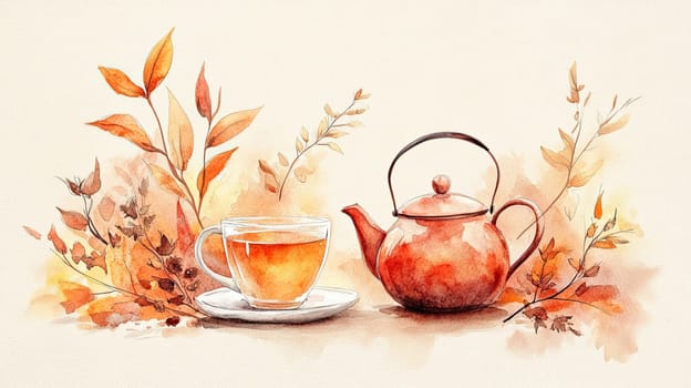Warm hues of orange and yellow evoke a cozy atmosphere as a crafted cup of tea sits next to a decorative teapot amid autumn leaves, creating a peaceful fall moment.