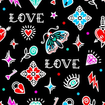monochrome Old School Style Pattern for Valentine's Day. Background with love symbols