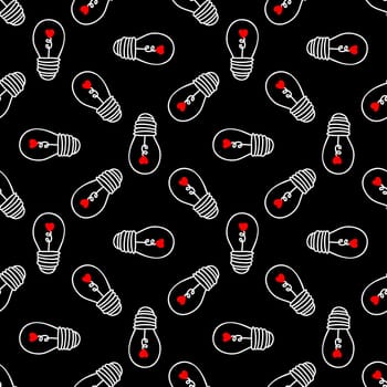 Seamless background with light bulbs with a heart on a white background. Design for Valentines Day, Wedding, Invitations
