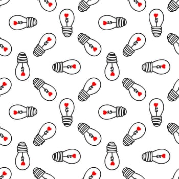 Seamless background with light bulbs with a heart on a white background. Design for Valentines Day, Wedding, Invitations