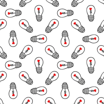 Seamless background with light bulbs with a heart on a white background. Design for Valentines Day, Wedding, Invitations