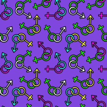 Bright seamless pattern with gender symbols of man and woman. High quality illustration