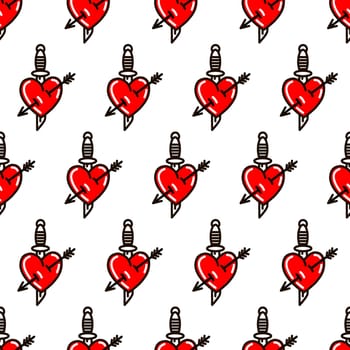 Heart with dagger in the style of old school tattoo seamless pattern illustration in doodle style. Design for textiles, paper, wrappers