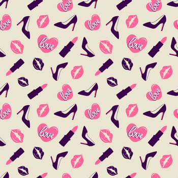Seamless pattern with heels, lipsticks and kisses. High quality illustration