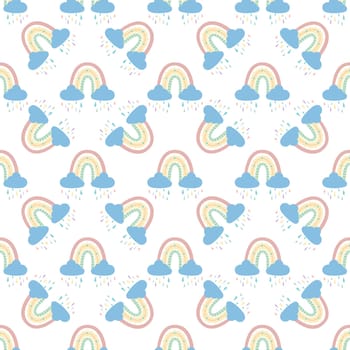 Cute rainbow and dragonfly seamless pattern. Scandinavian pattern in muted pastel colors. Hand-drawn illustration. Design for textiles, packaging, wrappers