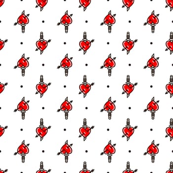 Heart with dagger in the style of old school tattoo seamless pattern illustration in doodle style. Design for textiles, paper, wrappers