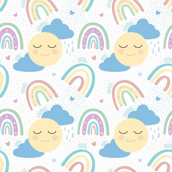 Rainbow with clouds, sun and hearts seamless pattern. Delicate childrens pattern. Design for textiles, paper, printing illustration