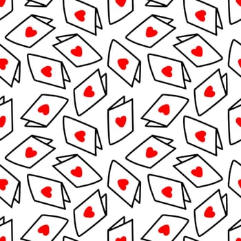 Seamless pattern with postcards with hearts illustration in doodle style. Design for Valentines Day