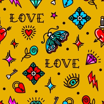 Old school tattoo seamless pattern with love symbols. Design For Valentines Day, Stilts, Wrapping Paper, Packaging, Textiles