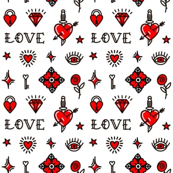 monochrome Old School Style Pattern for Valentine's Day. Background with love symbols