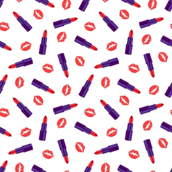 Glamorous fashion pattern with lipstick and kisses.Cosmetic seamless pattern. Design for the beauty industry, advertising, Valentine s Day.