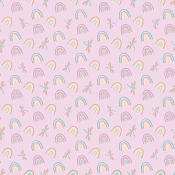.Abstract rainbow with clouds and raindrops, doodles and circles in a seamless pattern. Childrens pattern in muted pastel colors. Hand-drawn illustration