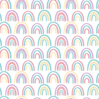 .Abstract rainbow with clouds and raindrops, doodles and circles in a seamless pattern. Childrens pattern in muted pastel colors. Hand-drawn illustration