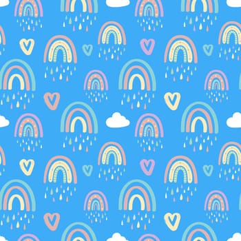 Cute rainbow and dragonfly seamless pattern. Scandinavian pattern in muted pastel colors. Hand-drawn illustration. Design for textiles, packaging, wrappers