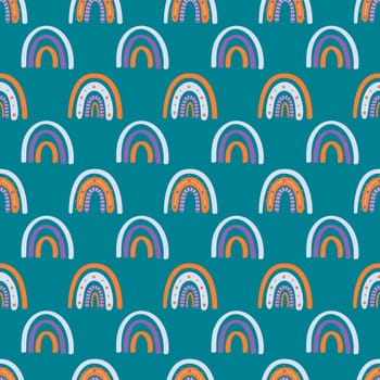 Cute rainbow and dragonfly seamless pattern. Scandinavian pattern in muted pastel colors. Hand-drawn illustration. Design for textiles, packaging, wrappers