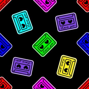 Seamless background with cassette and hearts. Design for Valentines Day illustration. Design for Valentines