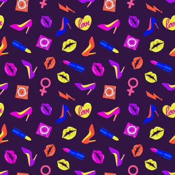 Glamorous bright sexy seamless pattern. Rave style. Condoms, shoes, and kisses on a dark background