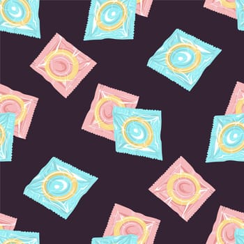 Seamless pattern with colorful condoms.The concept of safe sex. World contraception day. Latex contraceptives in the package.Prevention of AIDS, HIV, and sexually transmitted diseases