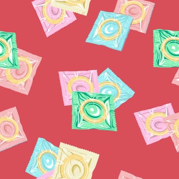 Seamless pattern with colorful condoms.The concept of safe sex. World contraception day. Latex contraceptives in the package.Prevention of AIDS, HIV, and sexually transmitted diseases
