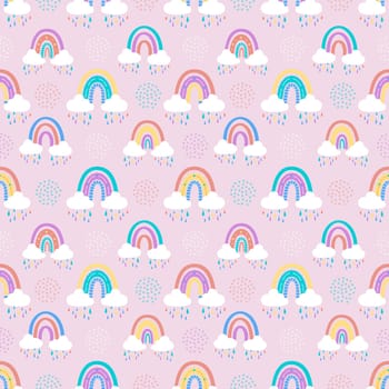 .Abstract rainbow with clouds and raindrops, doodles and circles in a seamless pattern. Childrens pattern in muted pastel colors. Hand-drawn illustration