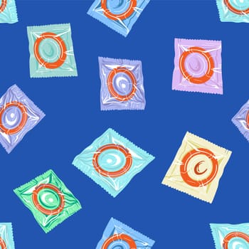 Seamless pattern with colorful condoms.The concept of safe sex. World contraception day. Latex contraceptives in the package.Prevention of AIDS, HIV, and sexually transmitted diseases