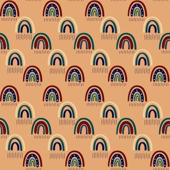 .Abstract rainbow with clouds and raindrops, doodles and circles in a seamless pattern. Childrens pattern in muted pastel colors. Hand-drawn illustration