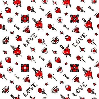 Valentines Day in old school style seamless pattern. Design For Valentines Day, Stilts, Wrapping Paper, Packaging, Textiles