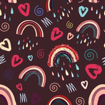 Cute rainbow and dragonfly seamless pattern. Scandinavian pattern in muted pastel colors. Hand-drawn illustration. Design for textiles, packaging, wrappers