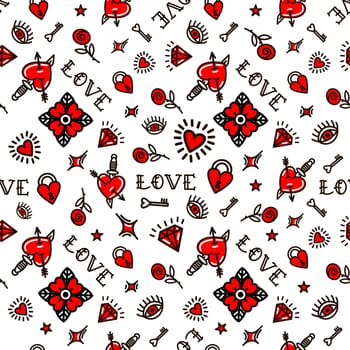 Valentines Day in old school style seamless pattern. Design For Valentines Day, Stilts, Wrapping Paper, Packaging, Textiles