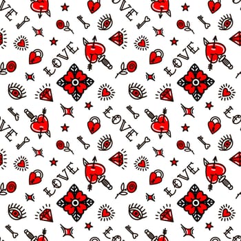 Valentines Day in old school style seamless pattern illustration. Design For Valentines Day, Stilts, Wrapping Paper, Packaging, Textiles