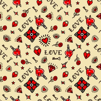 Valentines Day in old school style seamless pattern. Design For Valentines Day, Stilts, Wrapping Paper, Packaging, Textiles