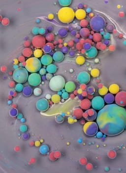 This artwork showcases a mix of colorful spheres drifting on a smooth gray surface, blending harmoniously in an abstract artistic composition that captivates the viewer.