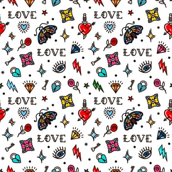 Old school tattoo seamless pattern with love symbols. Design For Valentines Day, Stilts, Wrapping Paper, Packaging, Textiles